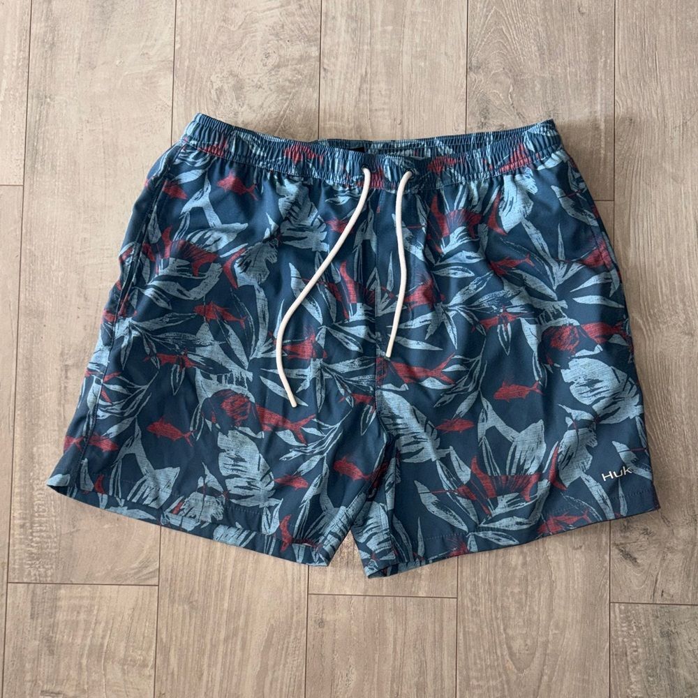 Mens Huk Shorts Tropical Blue and Red Swim Large Hawaii Style